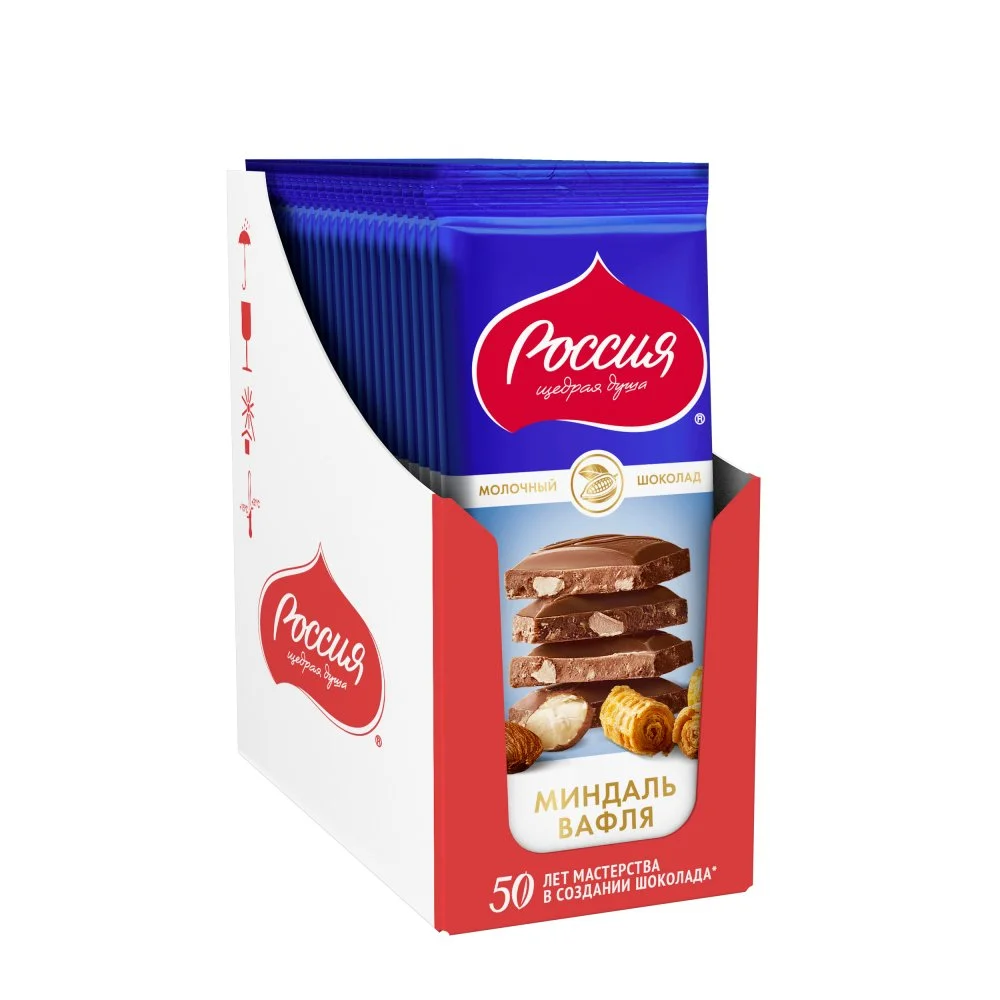 «Россия» - щедрая душа!®. Молочный шоколад с миндалем и вафлей. 82г