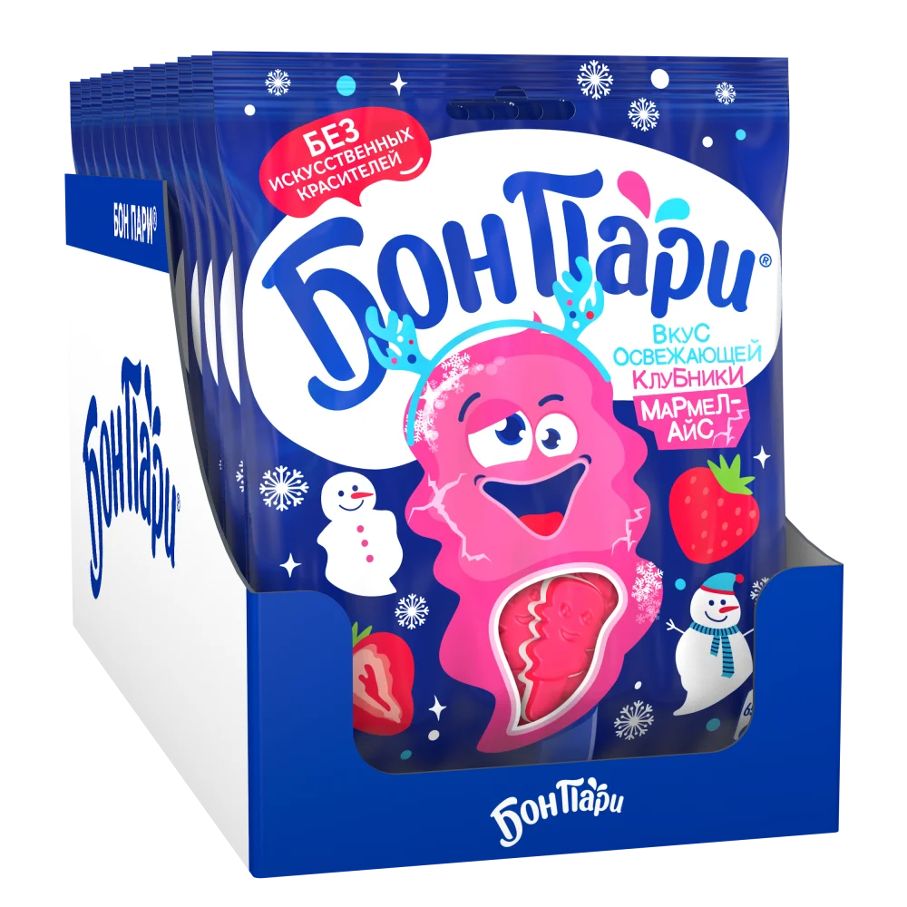 БОН ПАРИ® МАРМЕЛ-АЙС. ВКУС ОСВЕЖАЮЩЕЙ КЛУБНИКИ. МАРМЕЛАД ЖЕВАТЕЛЬНЫЙ СО ВКУСОМ ОСВЕЖАЮЩЕЙ КЛУБНИКИ.