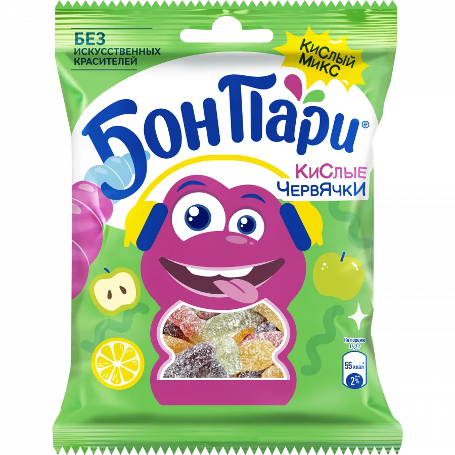 БОН ПАРИ КИСЛЫЕ ЧЕРВЯЧКИ Мармелад жевательный фигурный со вкусом фруктов. 75г