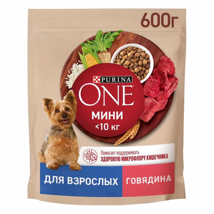 Сухой корм Purina ONE® для взрослых собак мелких и карликовых пород, с высоким содержанием говядины и с рисом, Пакет, 600 г