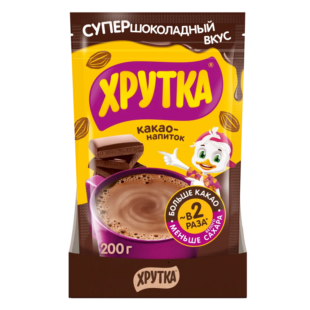 Хрутка. Пакет 200г. Супершоколадный вкус. Какао-напиток быстрорастворимый для питания детей дошкольного и школьного возраста.