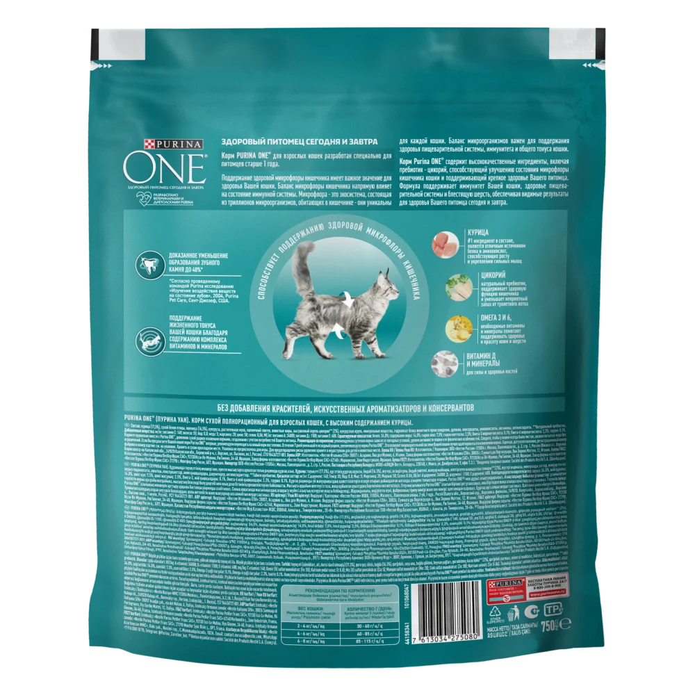 Сухой корм Purina ONE® для взрослых кошек, с высоким содержанием курицы и цельными злаками, Пакет, 750 г