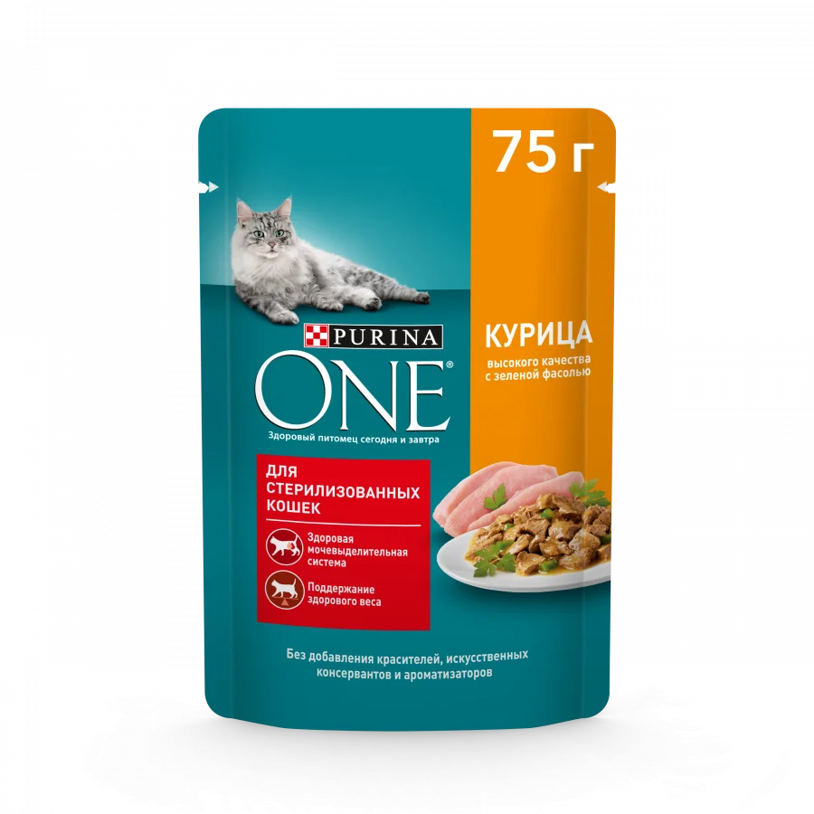 Влажный корм Purina ONE® для стерилизованных кошек, с курицей и зеленой фасолью, Пауч, 75 г