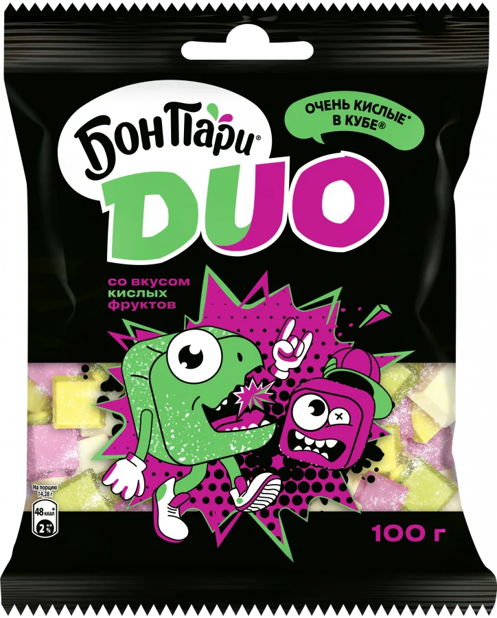 БОН ПАРИ®. ДУО. ОЧЕНЬ КИСЛЫЕ В КУБЕ®. МАРШМЕЛЛОУ. СБИВНОЕ КОНДИТЕРСКОЕ ИЗДЕЛИЕ СО ВКУСОМ КИСЛЫХ ФРУКТОВ.