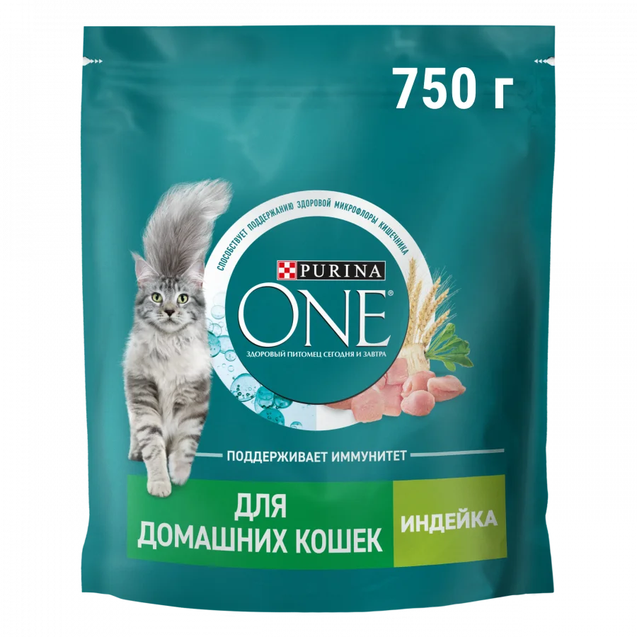 Сухой корм Purina ONE® для взрослых кошек, живущих в домашних условиях, с высоким содержанием индейки и цельными злаками, Пакет, 750 г