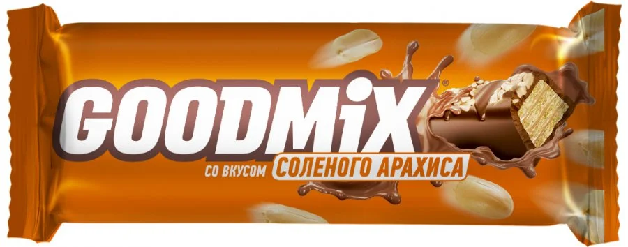 GOODMIX®. Salted Peanut taste. МИНИ. Молочный шоколад с начинкой со вкусом соленого арахиса с хрустящей вафлей, декорированный арахисом