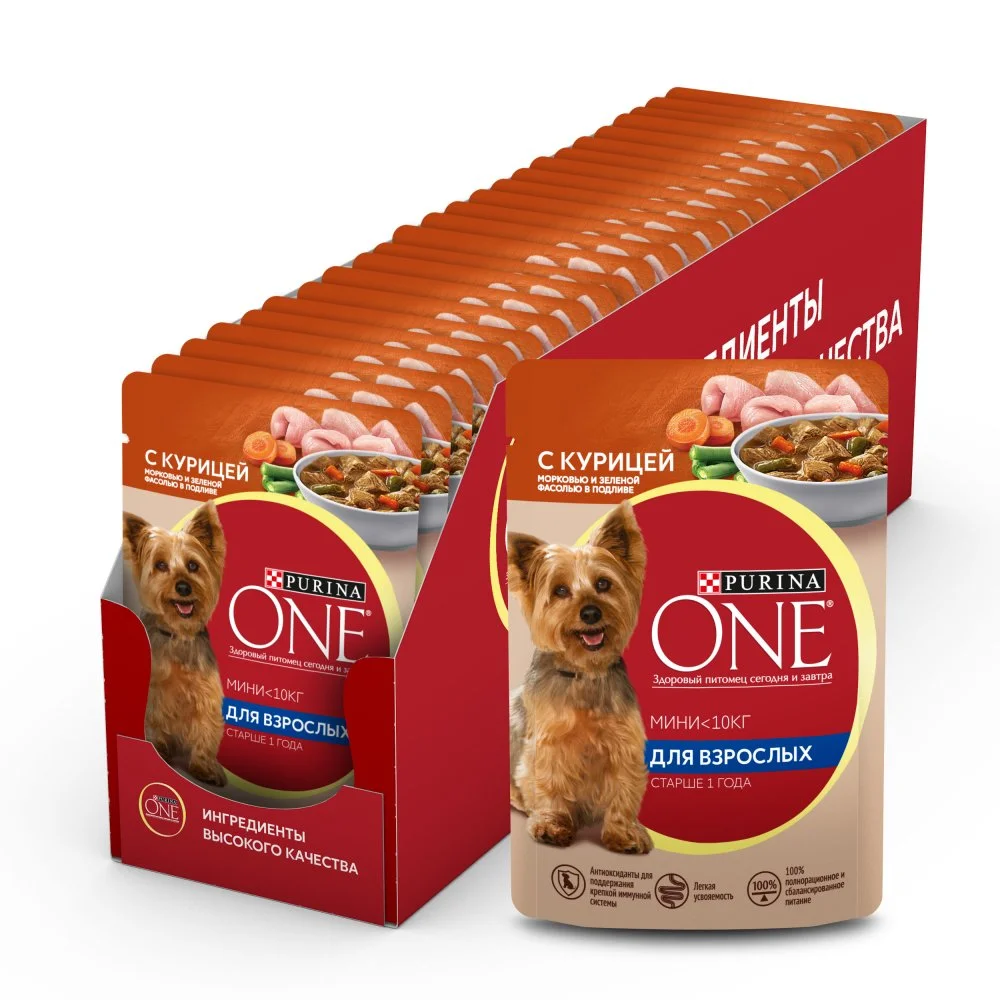 Влажный корм Purina ONE Мини Взрослая для собак мелких пород старше 1 года, с курицей, морковью и зеленой фасолью в подливе 85 г
