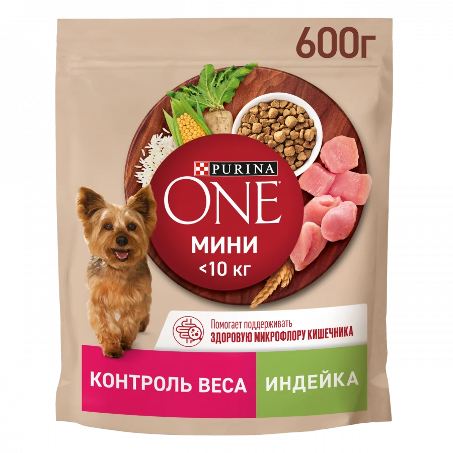 Сухой корм Purina ONE® МИНИ Здоровый вес для собак мелких пород, склонных к набору веса, с высоким содержанием индейки и с рисом, Пакет, 600 г