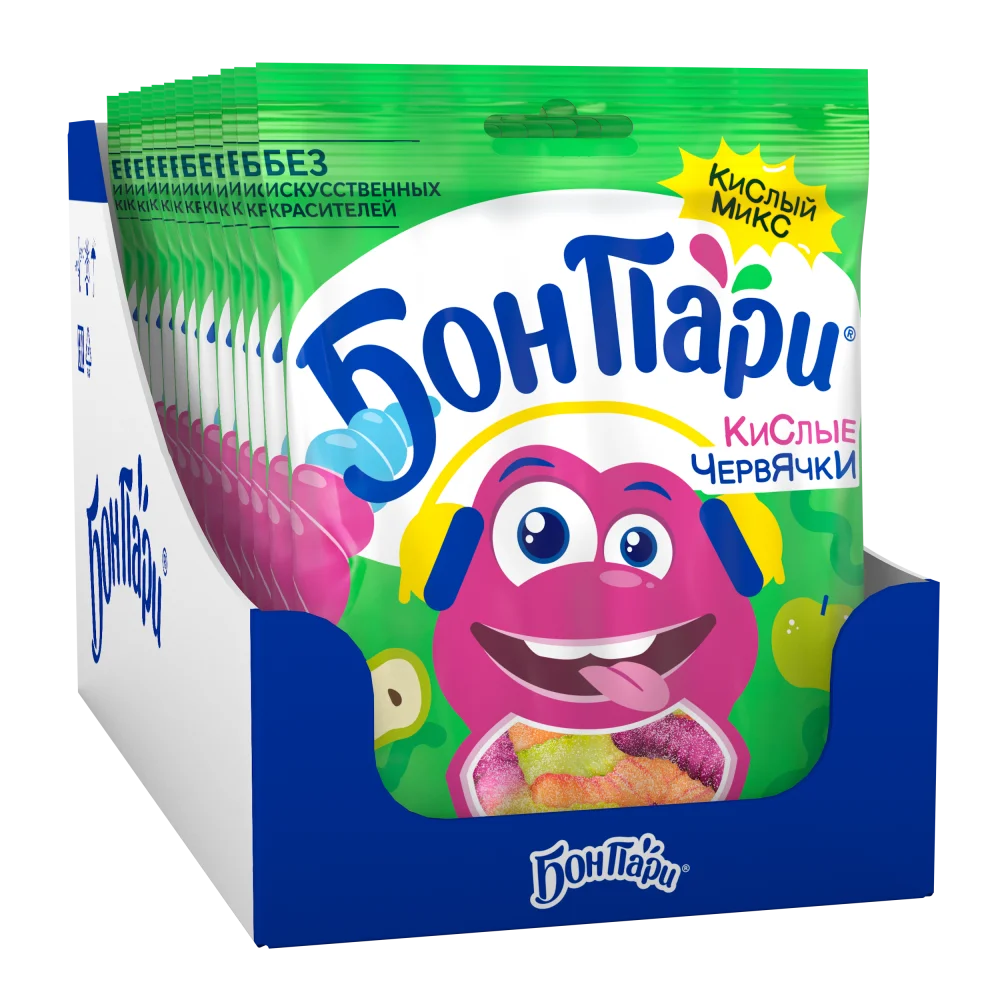 БОН ПАРИ КИСЛЫЕ ЧЕРВЯЧКИ Мармелад жевательный фигурный со вкусом фруктов. 75г