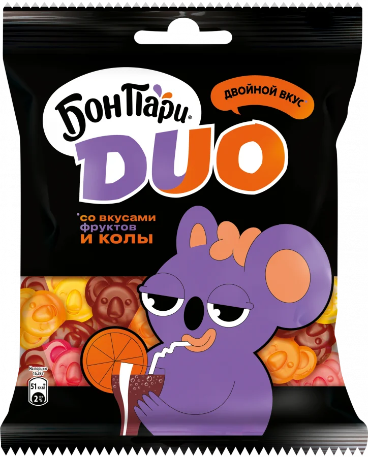 БОН ПАРИ® ДУО Сладкий джоуи. Мармелад жевательный со вкусами фруктов и колы