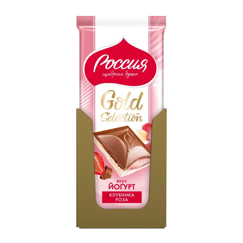 «Россия» - щедрая душа!®. Gold Selection. Молочный шоколад  и белый шоколад с начинкой с клубникой, розой и вкусом йогурта. 82г