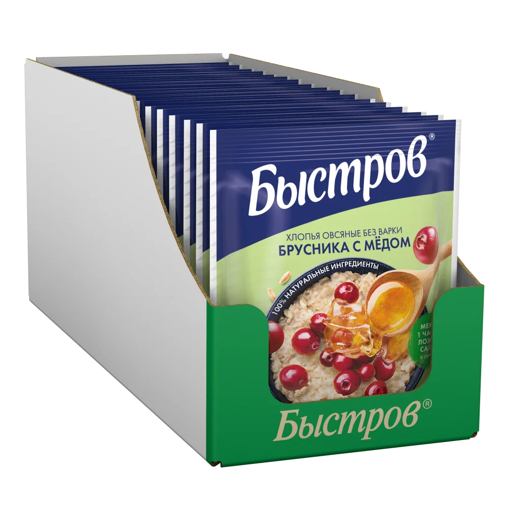 Быстров®. Без варки. Хлопья овсяные, не требующие варки, с брусникой и медом.40г