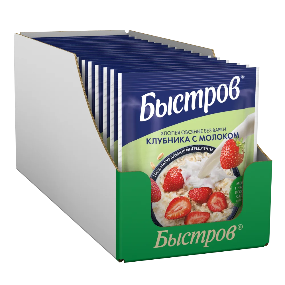 Быстров®. Без варки. Хлопья овсяные, не требующие варки, с клубникой и молоком.40г