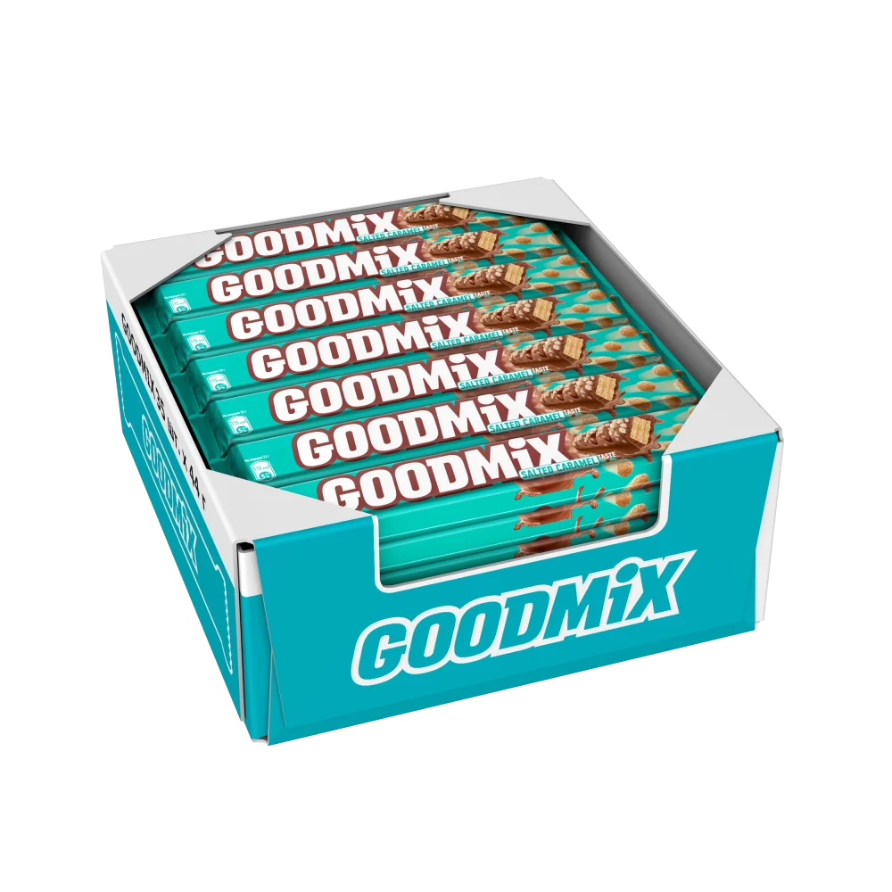GOODMIX. Salted Caramel taste. Молочный шоколад с начинкой со вкусом соленой карамели, с хрустящей вафлей, декорированный. 44г