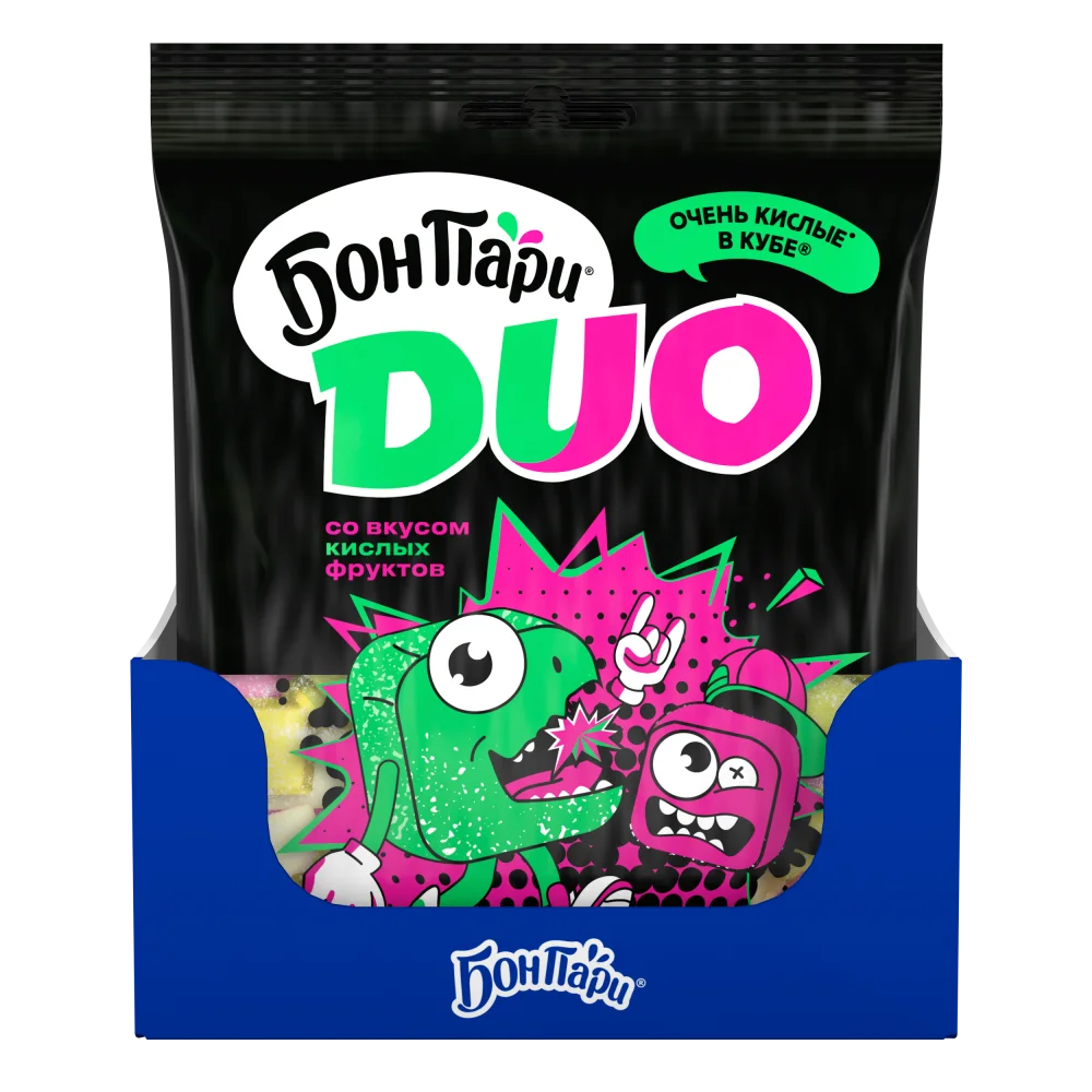 БОН ПАРИ®. ДУО. ОЧЕНЬ КИСЛЫЕ В КУБЕ®. МАРШМЕЛЛОУ. СБИВНОЕ КОНДИТЕРСКОЕ ИЗДЕЛИЕ СО ВКУСОМ КИСЛЫХ ФРУКТОВ.