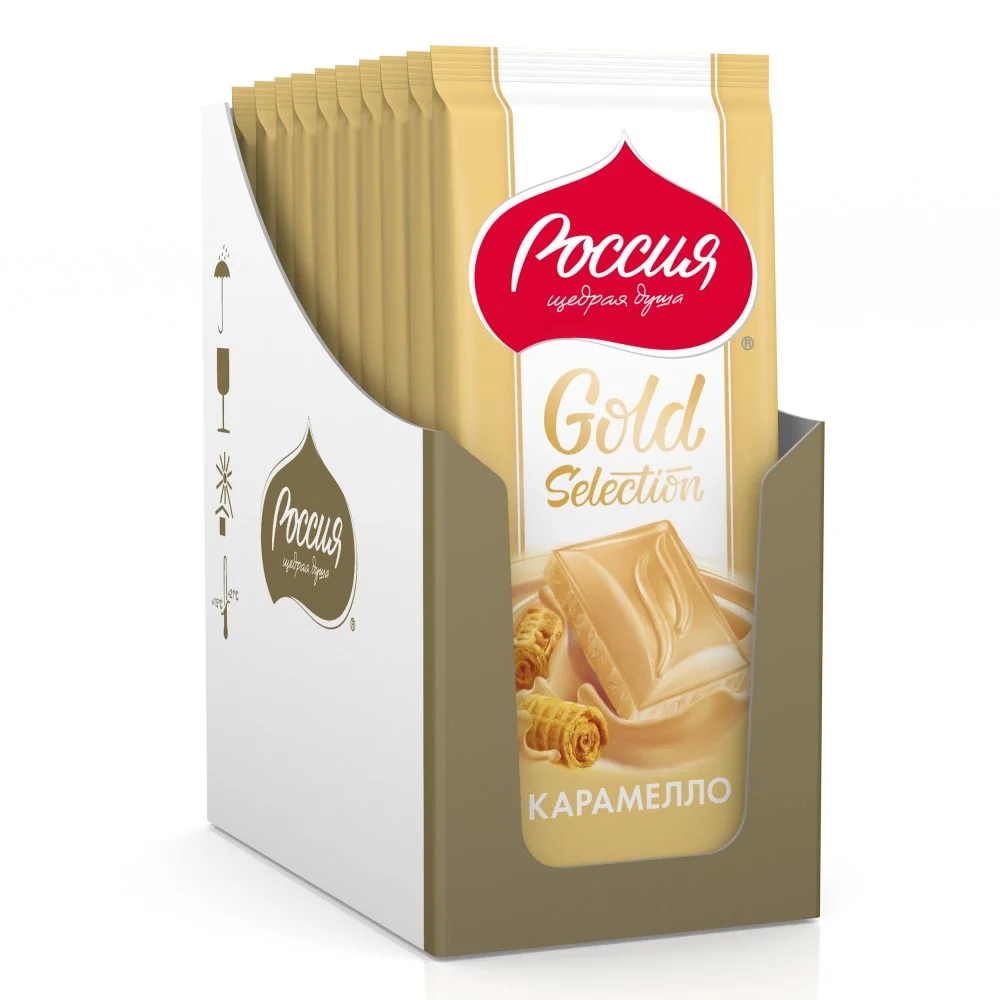 «РОССИЯ» – ЩЕДРAЯ ДУШA!®  КAРAМЕЛЛО. БЕЛЫЙ ШОКОЛAД с добавлением МОЛОЧНОГО ШОКОЛAДА со вкусом карамели. 82г
