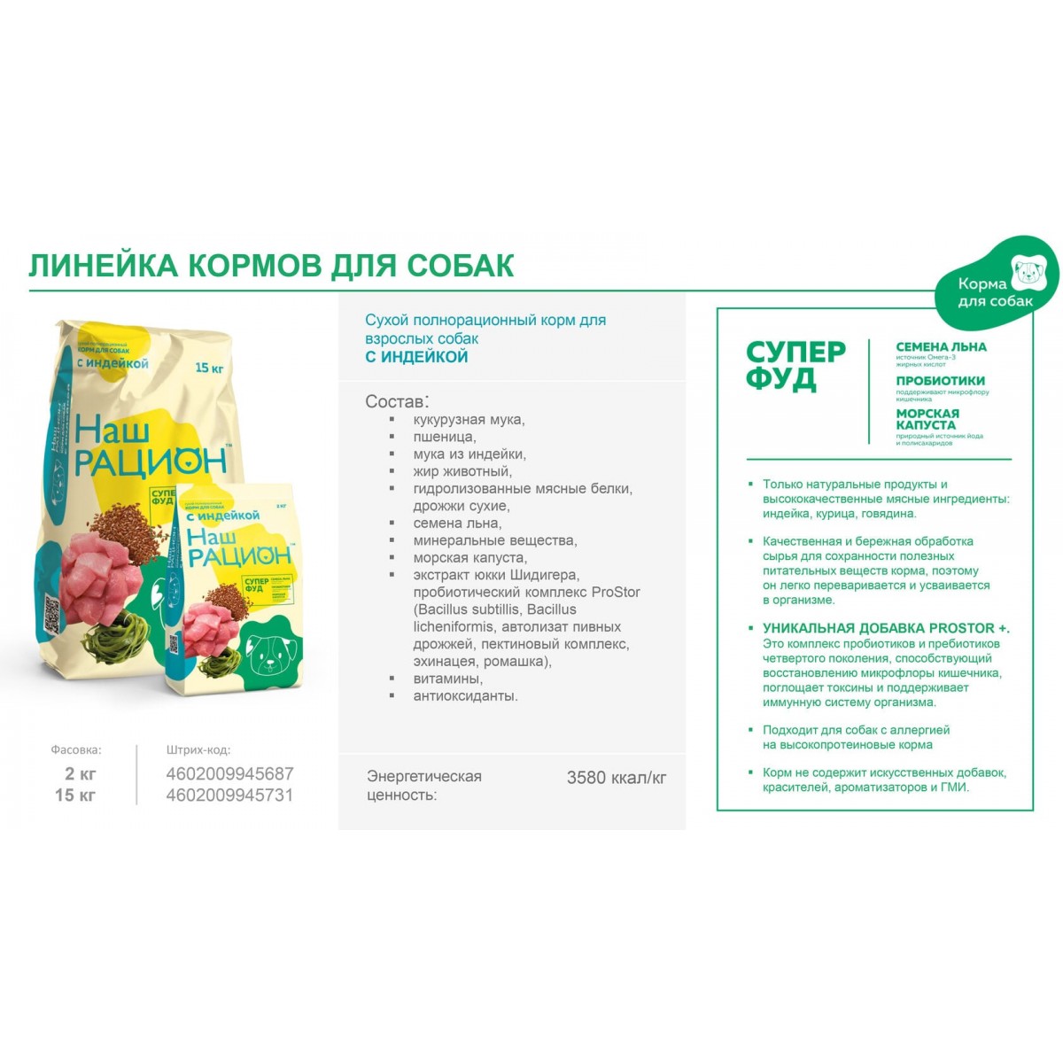 Сухой корм для взрослых собак Наш Рацион, Индейка, 15 кг