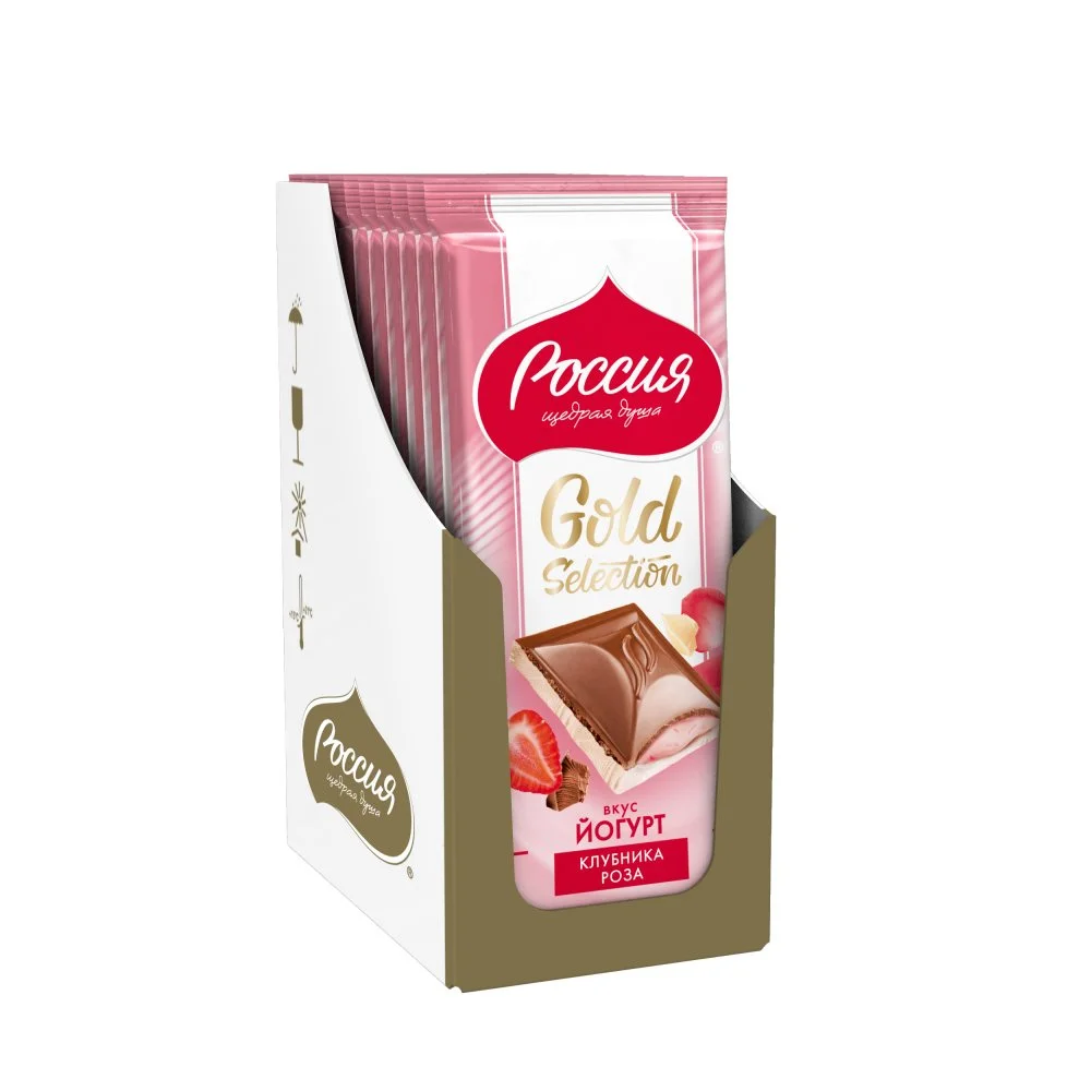«Россия» - щедрая душа!®. Gold Selection. Молочный шоколад  и белый шоколад с начинкой с клубникой, розой и вкусом йогурта. 82г