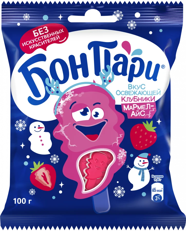 БОН ПАРИ® МАРМЕЛ-АЙС. ВКУС ОСВЕЖАЮЩЕЙ КЛУБНИКИ. МАРМЕЛАД ЖЕВАТЕЛЬНЫЙ СО ВКУСОМ ОСВЕЖАЮЩЕЙ КЛУБНИКИ.