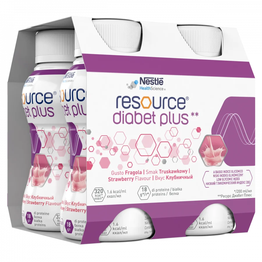 Resource® Diabet Plus  (Ресурс Диабет Плюс), жидкая смесь со вкусом клубники, 4 шт х 200 мл