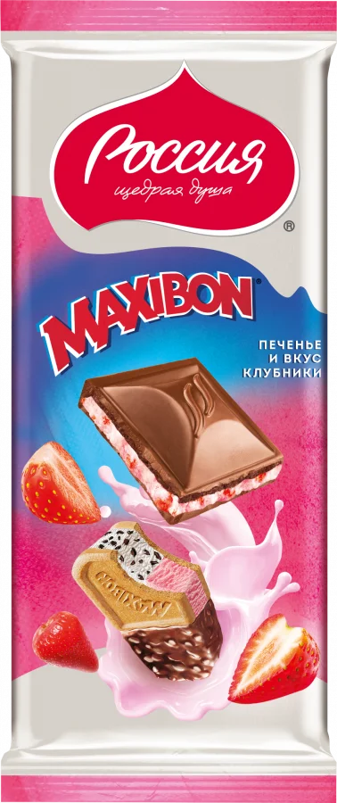 «Россия» - Щедрая Душа! ® MAXIBON. SANDWICH WITH STRAWBERRY TASTE. Молочный шоколад с двухслойной начинкой со вкусом клубники и печеньем 80г
