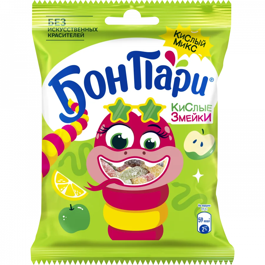 БОН ПАРИ®  КИСЛЫЕ ЗМЕЙКИ. МАРМЕЛАД ЖЕВАТЕЛЬНЫЙ ФИГУРНЫЙ СО ВКУСОМ ФРУКТОВ. 120г