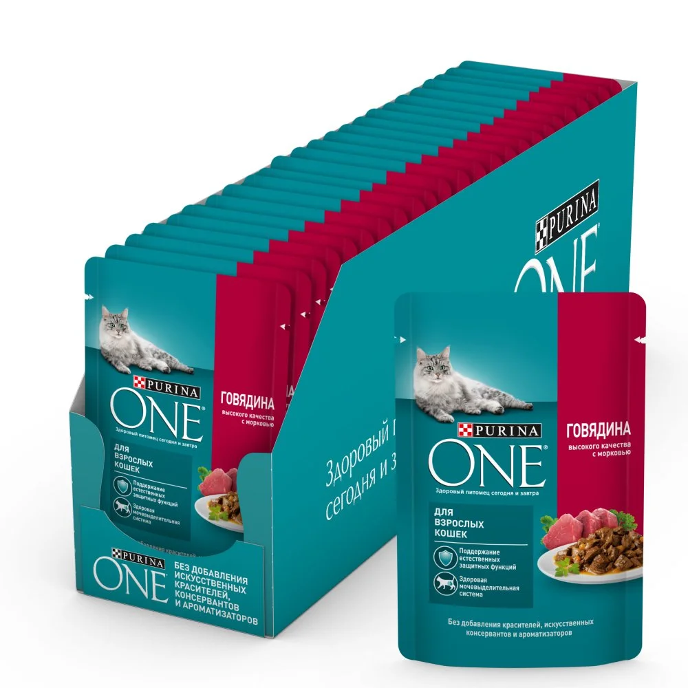 Влажный корм Purina ONE для взрослых кошек, с говядиной и морковью, пауч, 75г