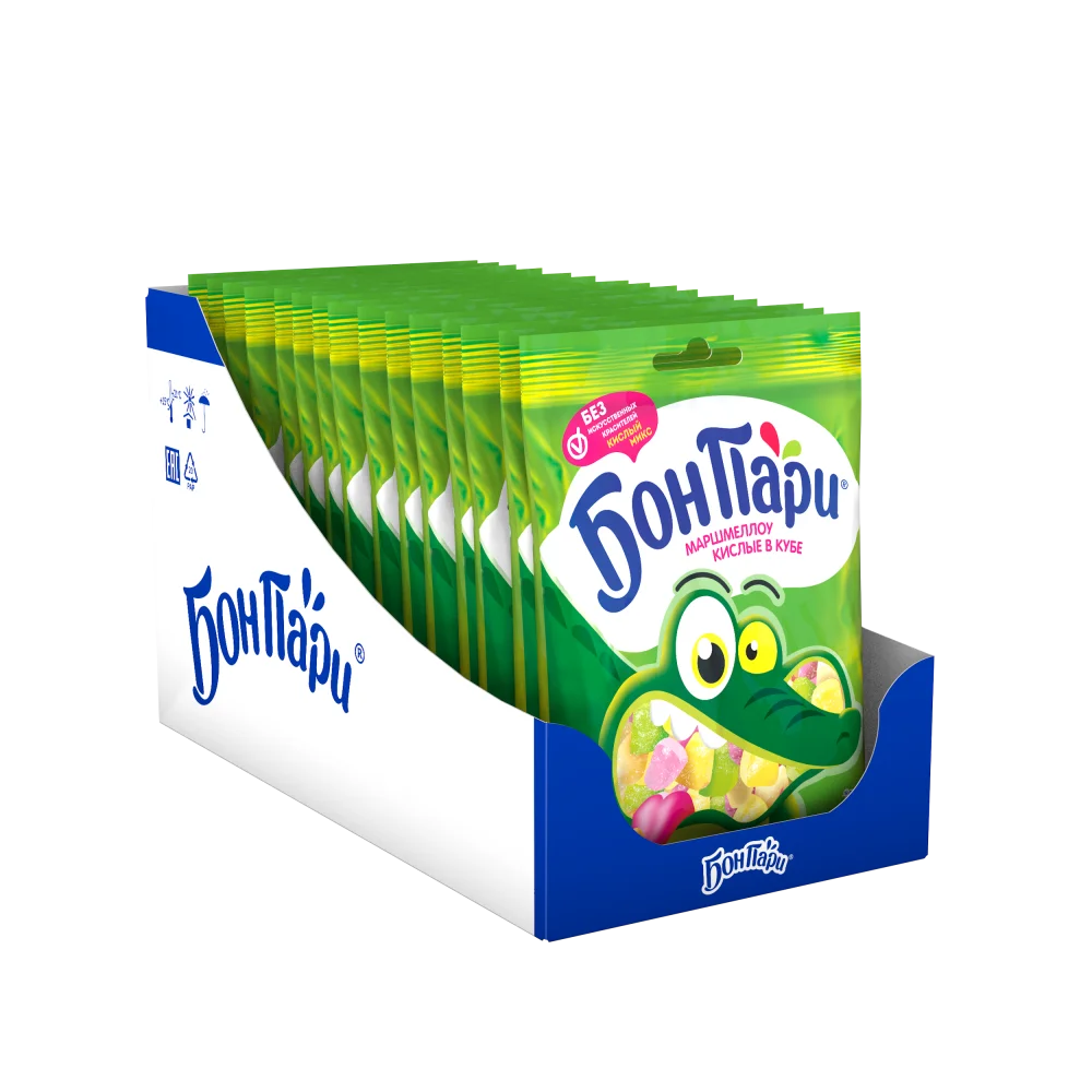 БОН ПАРИ®  КИСЛЫЕ В КУБЕ ®  Маршмеллоу. Сбивное кондитерское изделие со вкусом фруктов.