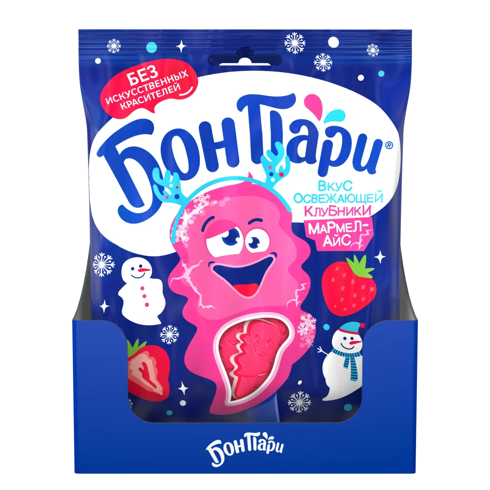 БОН ПАРИ® МАРМЕЛ-АЙС. ВКУС ОСВЕЖАЮЩЕЙ КЛУБНИКИ. МАРМЕЛАД ЖЕВАТЕЛЬНЫЙ СО ВКУСОМ ОСВЕЖАЮЩЕЙ КЛУБНИКИ.