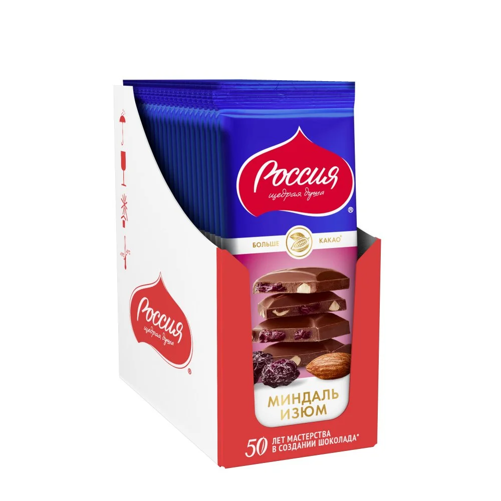 РОССИЯ - ЩЕДРАЯ ДУША Молочный шоколад с миндалем и изюмом, 82г