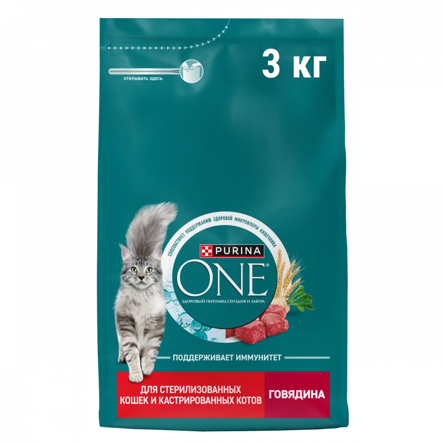 Сухой корм Purina ONE® для стерилизованных кошек и кастрированных котов, с высоким содержанием говядины и пшеницей, Пакет, 3 кг
