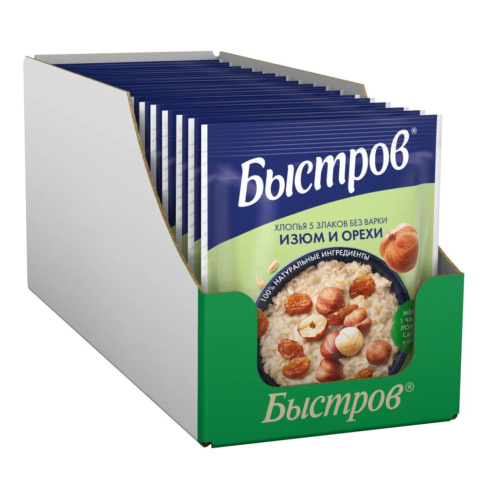 Быстров®. Без варки. Хлопья 5 злаков, не требующие варки, с изюмом и орехами. 40г
