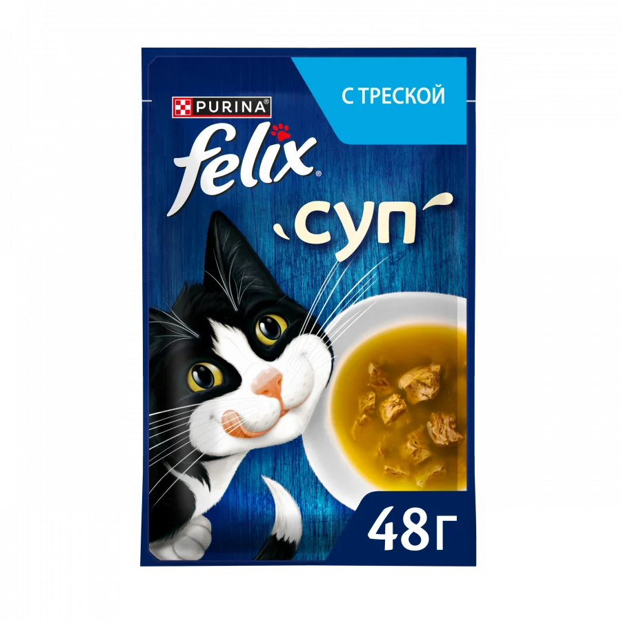 Влажный корм Felix Суп для взрослых кошек, с треской, пауч, 48г