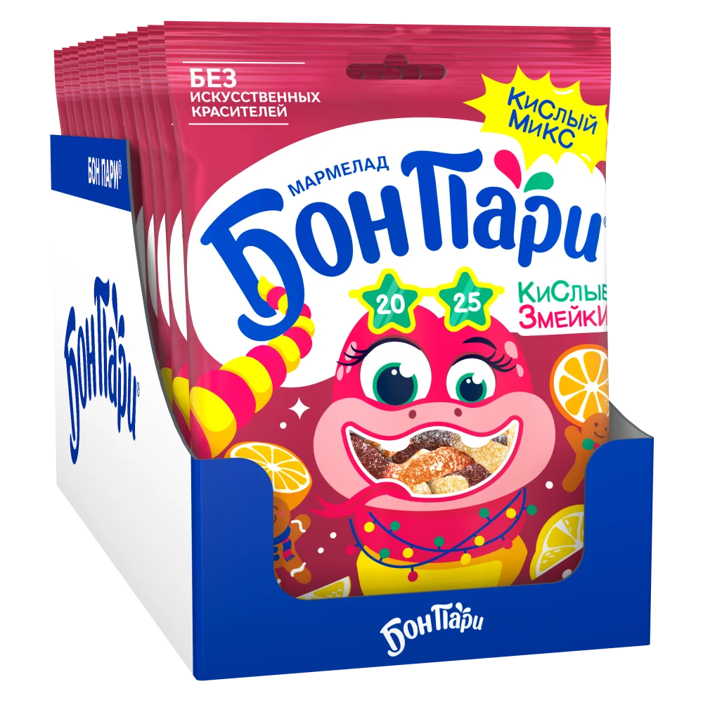 БОН ПАРИ®. КИСЛЫЕ ЗМЕЙКИ. МАРМЕЛАД ЖЕВАТЕЛЬНЫЙ СО ВКУСОМ ФРУКТОВ И ИМБИРНОГО ПРЯНИКА.