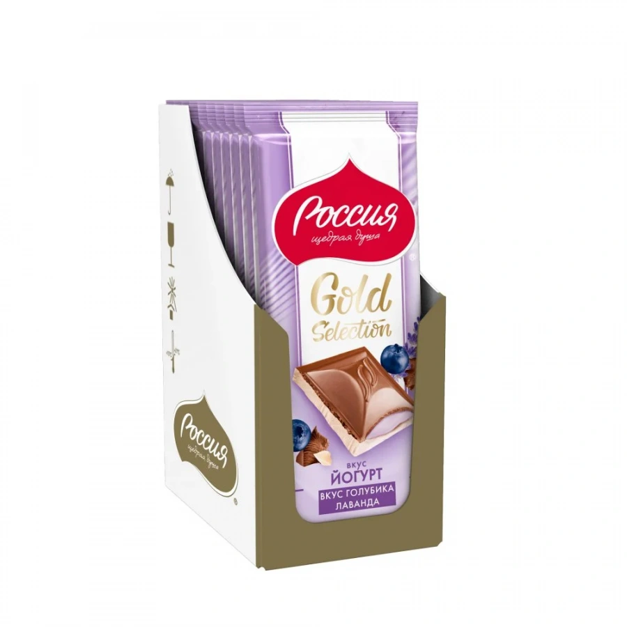 «Россия» - щедрая душа!®. Gold Selection.  Молочный шоколад и белый шоколад  с начинкой с лавандой, со вкусом йогурта и голубики. 82г