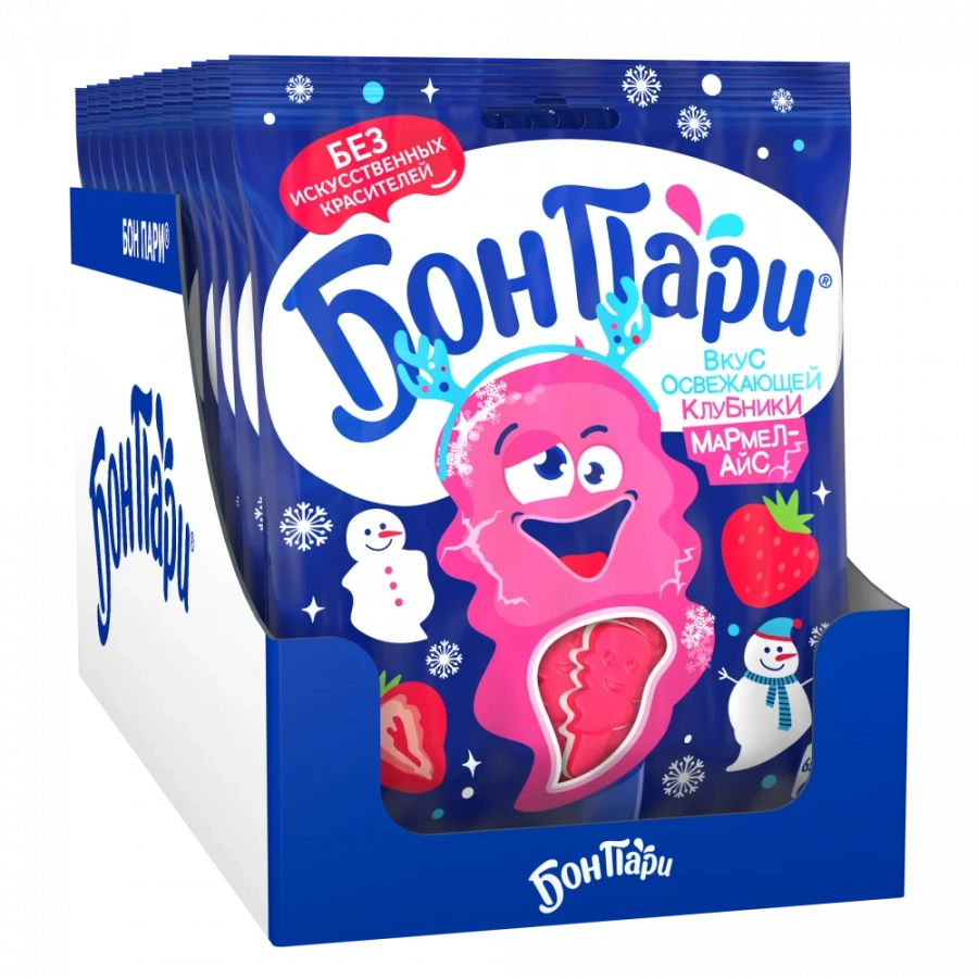 БОН ПАРИ® МАРМЕЛ-АЙС. ВКУС ОСВЕЖАЮЩЕЙ КЛУБНИКИ. МАРМЕЛАД ЖЕВАТЕЛЬНЫЙ СО ВКУСОМ ОСВЕЖАЮЩЕЙ КЛУБНИКИ.