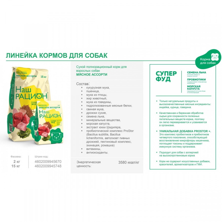 Сухой корм для взрослых собак Наш Рацион, Мясное ассорти, 15 кг