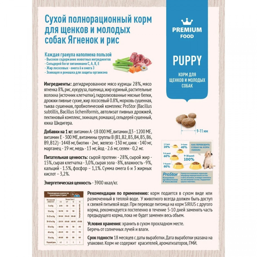 Сухой корм премиум класса SIRIUS для щенков и молодых собак ягненок с рисом 2 кг