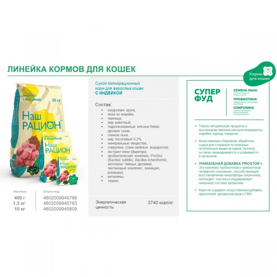 Сухой корм Наш рацион для взрослых кошек Индейка, 10 кг