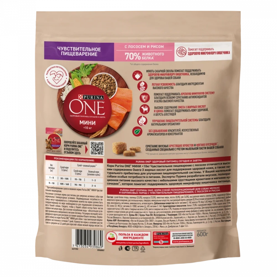 Сухой корм Purina ONE® Мини Чувствительная для взрослых собак мелких пород с чувствительным пищеварением, с лососем и рисом, Пакет, 600 г