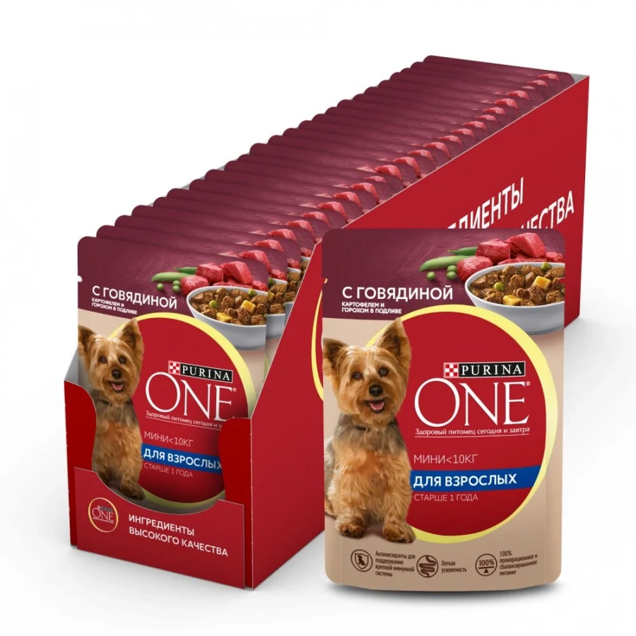 Влажный корм Purina ONE® Мини Взрослая для собак мелких пород старше 1 года, с говядиной, картофелем и горохом в подливе, Пауч, 85 г