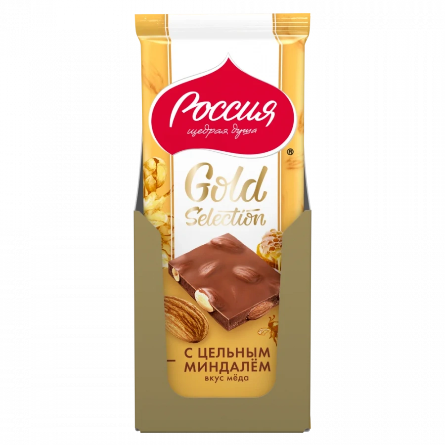 «Россия» - Щедрая Душа!® ГОЛД СЕЛЕКШН. Молочный шоколад с миндалем со вкусом мёда. 80г