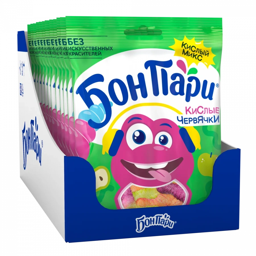 БОН ПАРИ КИСЛЫЕ ЧЕРВЯЧКИ Мармелад жевательный фигурный со вкусом фруктов. 75г