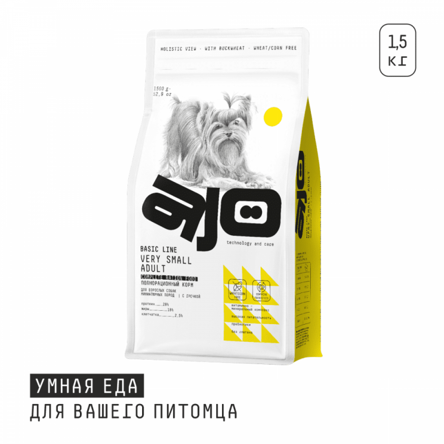 Сухой корм AJO BASIC LINE VERY SMALL ADULT для взрослых собак миниатюрных пород с индейкой, ягненком и гречкой, 1,5 кг