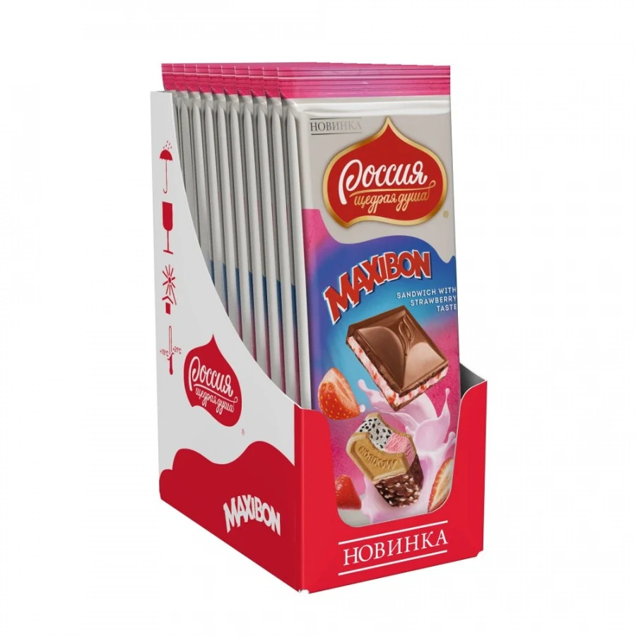 «Россия» - Щедрая Душа! ® MAXIBON. SANDWICH WITH STRAWBERRY TASTE. Молочный шоколад с двухслойной начинкой со вкусом клубники и печеньем 80г