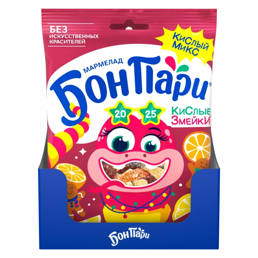 БОН ПАРИ®. КИСЛЫЕ ЗМЕЙКИ. МАРМЕЛАД ЖЕВАТЕЛЬНЫЙ СО ВКУСОМ ФРУКТОВ И ИМБИРНОГО ПРЯНИКА.