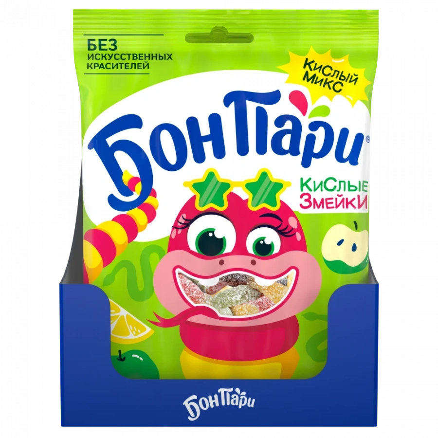 БОН ПАРИ®  КИСЛЫЕ ЗМЕЙКИ. МАРМЕЛАД ЖЕВАТЕЛЬНЫЙ ФИГУРНЫЙ СО ВКУСОМ ФРУКТОВ. 120г