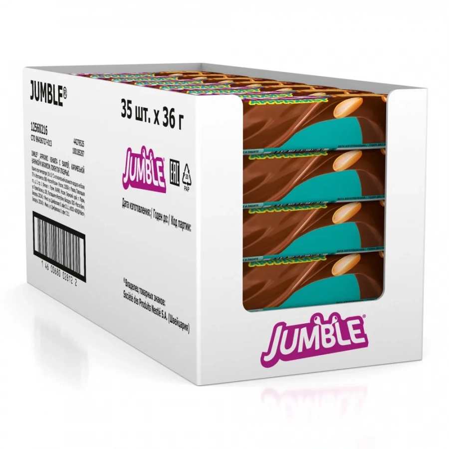 – JUMBLE® АРРРАХИС! КОНФЕТА С ВАФЛЕЙ, КАРАМЕЛЬНОЙ НАЧИНКОЙ И АРАХИСОМ, ПОКРЫТАЯ ГЛАЗУРЬЮ