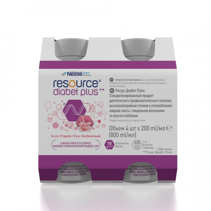 Resource® Diabet Plus  (Ресурс Диабет Плюс), жидкая смесь со вкусом клубники, 4 шт х 200 мл