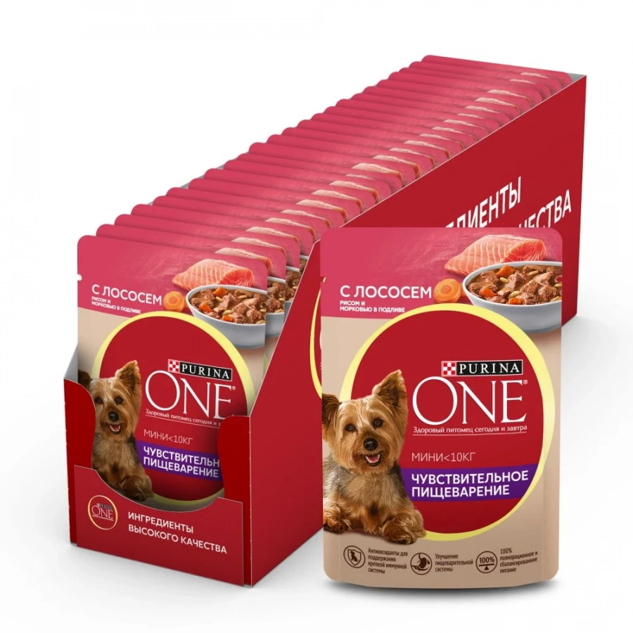 Влажный корм Purina ONE® Мини Чувствительное пищеварение для взрослых собак мелких пород с чувствительным пищеварением, с лососем, рисом и морковью в подливе, Пауч, 85 г